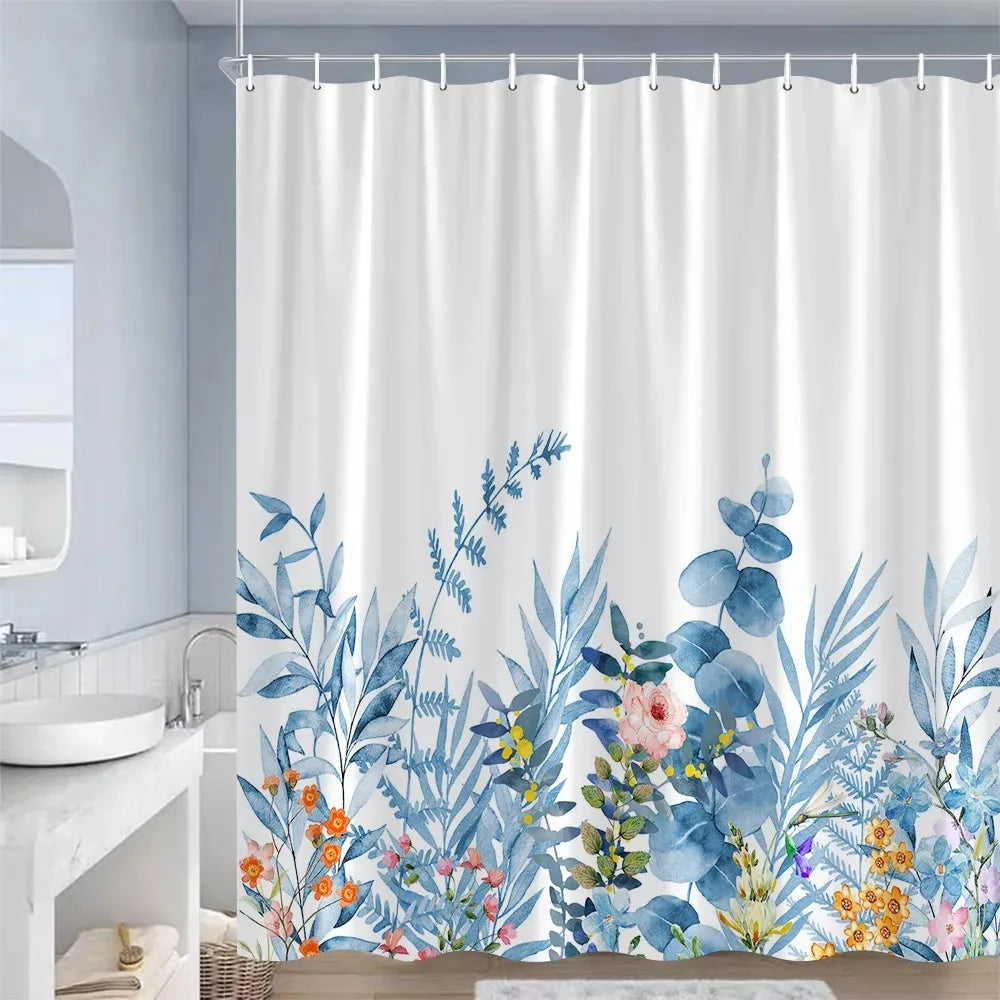 Blue Leaves Shower Curtain Watercolour Plant Eucalyptus Leaf Modern Simple Home Bathroom Decor Fabric Bath Curtains With Hooks