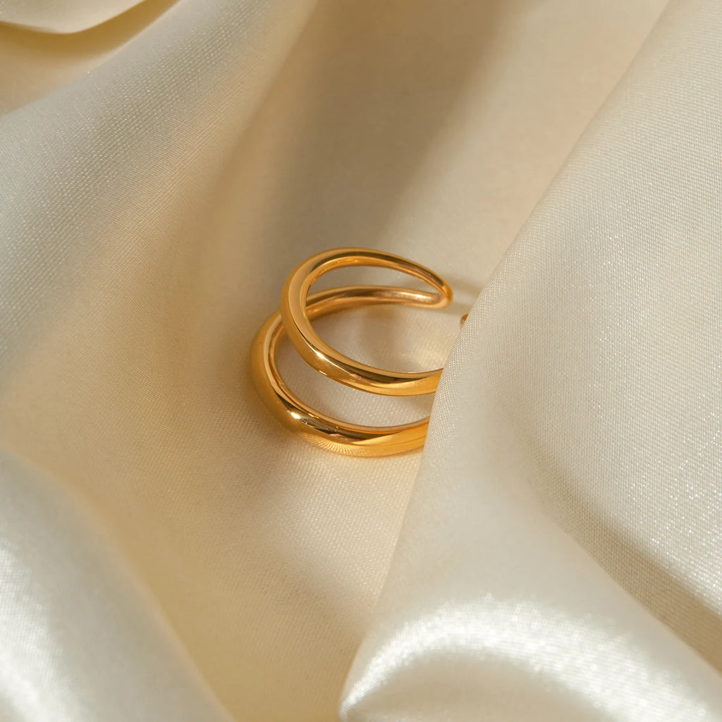 18k vergoldeter, stilvoller, einzigartiger, einfacher, geometrischer, goldener, doppellagiger Öffnungsring aus Edelstahl für Frauen, anti-distinktiver Schmuck