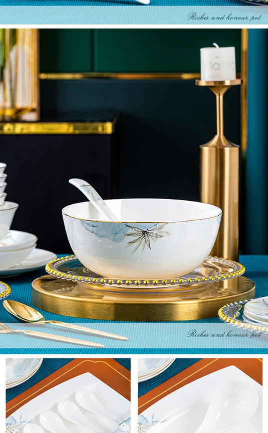 Jingdezhen Bowl and Chopstick Combination, New Chinese Light Luxury Ceramic Tableware Bowl and Plate Set