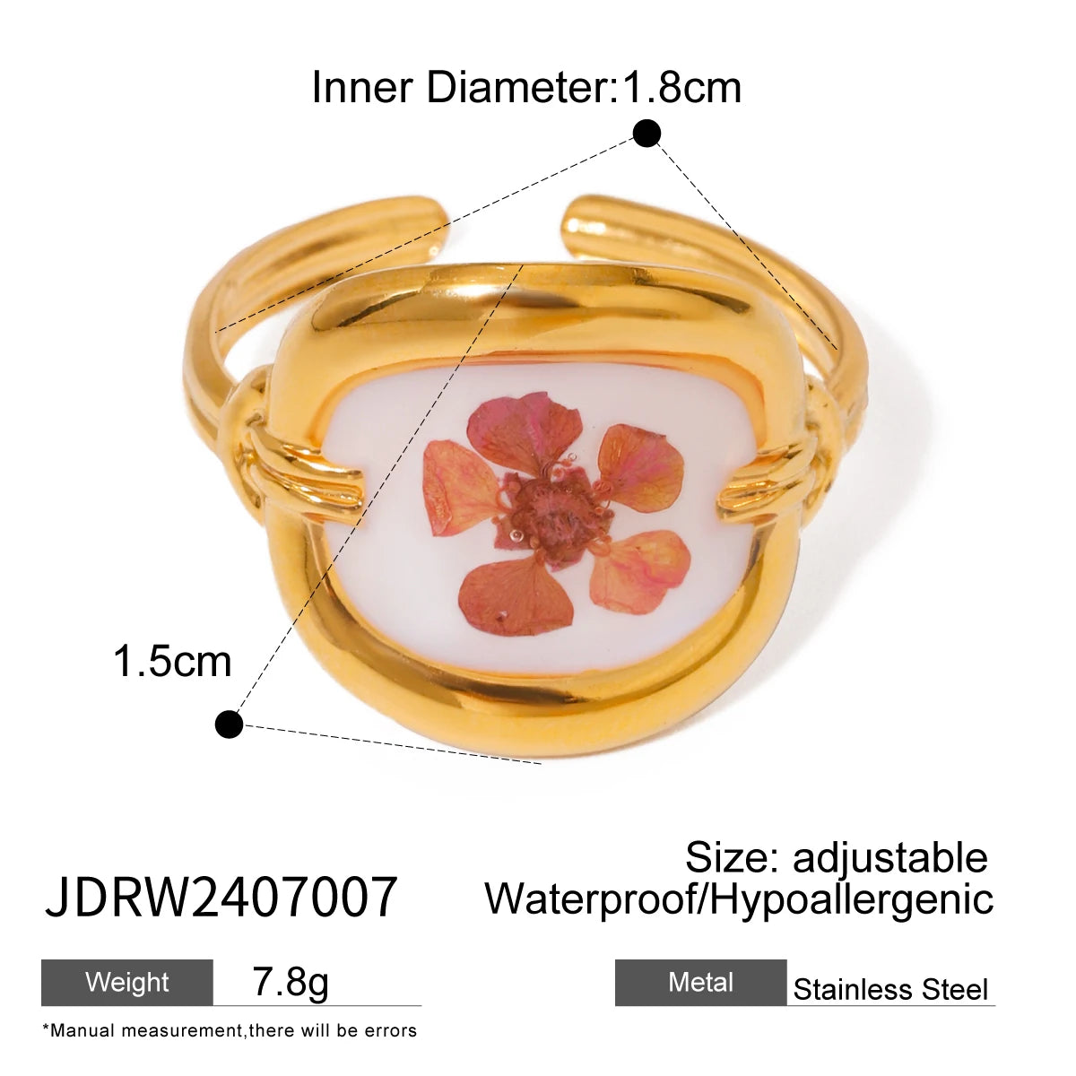 Leichter, gemütlicher, 18k vergoldeter minimalistischer weißer Tropfen-Öl getrockneter Blumen-Open-End-Ring für Frauen aus Edelstahl Statement-Schmuck