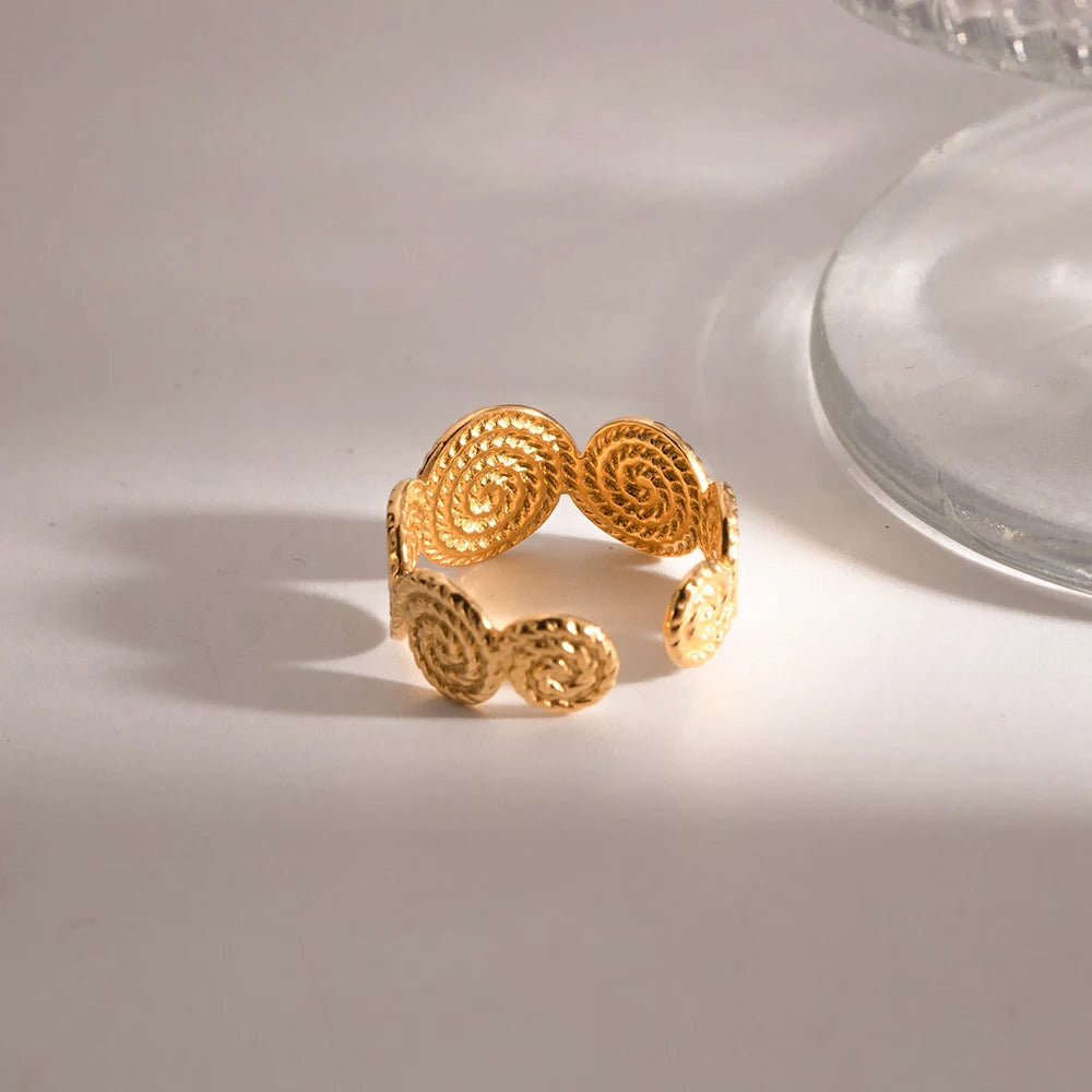 18K Goud Vergulde Verkleuringbestendige Roestvrijstalen Waterdichte Gesloten Schroefdraad Hennep Patroon Openingsring voor Vrouwen Vinger Sieraden