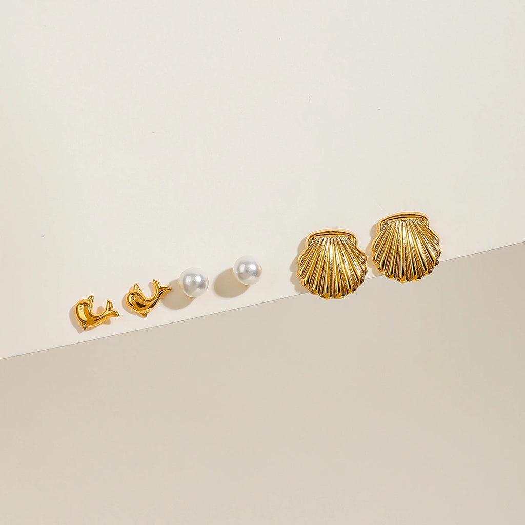 3 par pr. kort rustfrit stål delfinperleribbede skaløreringe 18K rustfrit stål højkvalitets damesmykker Bijoux