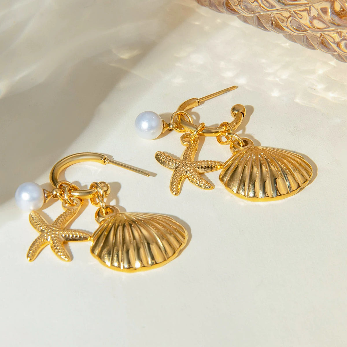 Summer 18K Gold Plated Sea Ocean Series Vintage Gold Starfish Shell Earrings Stainless Steel Statement Waterproof Jewelry
