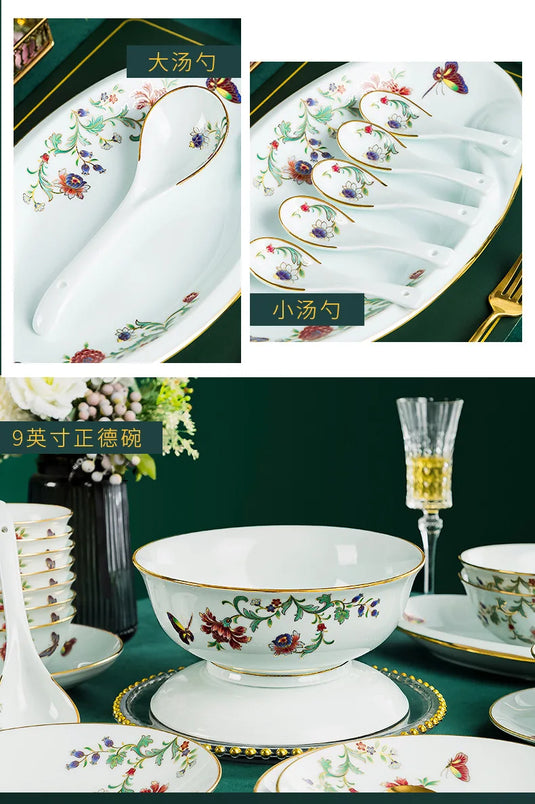 Ensemble de vaisselle de 68 pièces Ensemble de bols et plats Ensemble de 68 pièces Processus de dorure Floral Papillon Double Oreille Pot Assiette Cuillère Tasse à ragoût Ensemble combiné