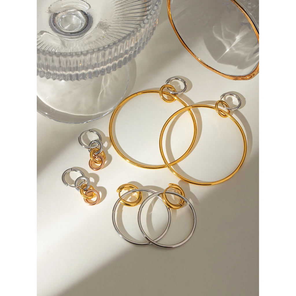 18K PVD Plated Metal Texture Circle Silver with Gold Large Steel Hoop Earrings Stainless Steel Women Prevent Allergy Jewelry