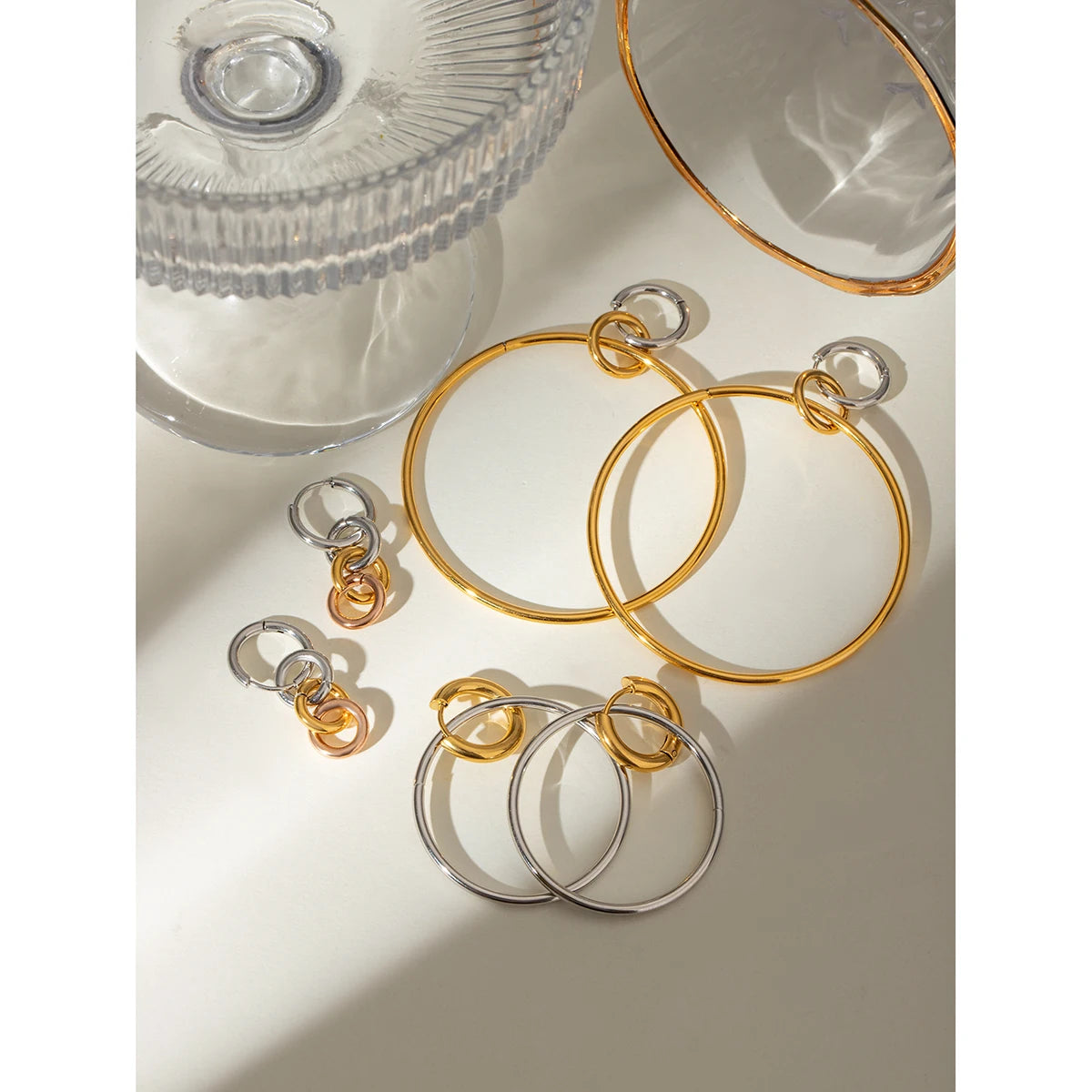 18K PVD Plated Metal Texture Circle Silver with Gold Large Steel Hoop Earrings Stainless Steel Women Prevent Allergy Jewelry