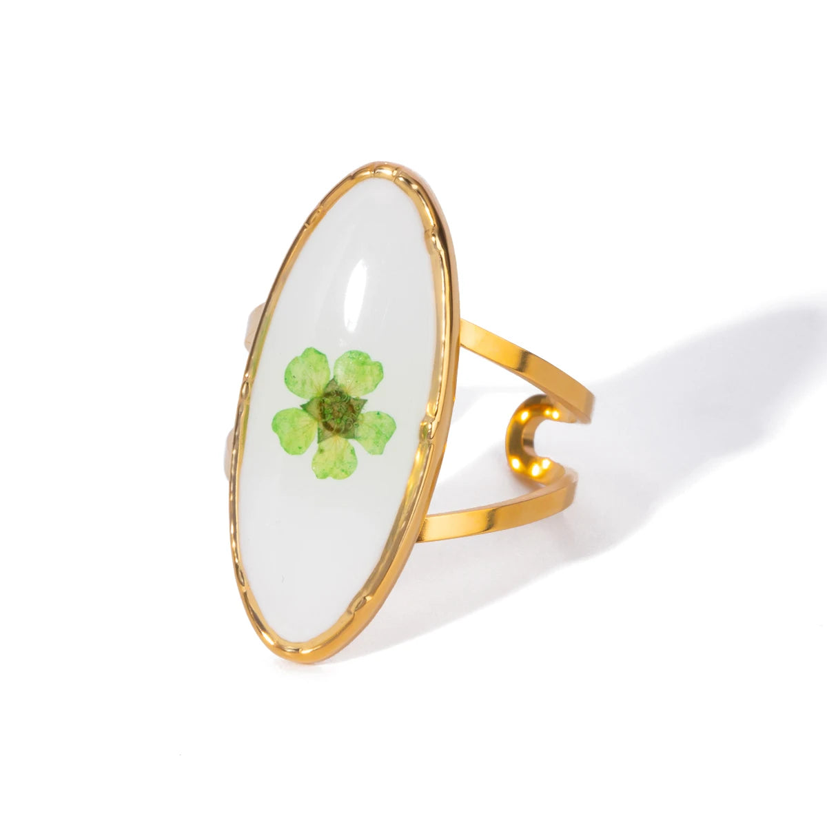 Stainless Steel 18k Gold Plated Vintage Oval Dried Green Preserved Flower Plum Ring Waterproof Fashion Charm Jewelry Party