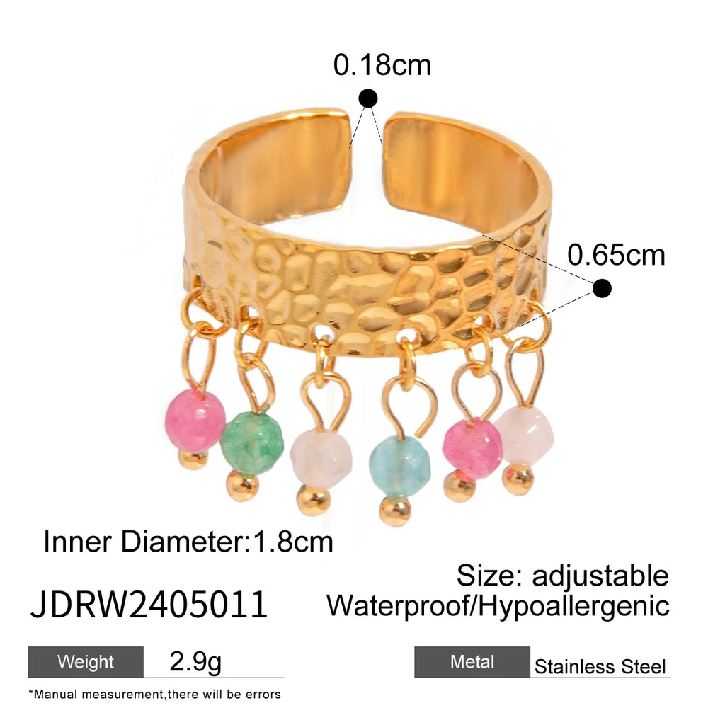 Anel Aberto Feminino de Aço Inoxidável com Pedra Natural Colorida, Padrão de Grão Martelado, Banhado a Ouro 18K Anti-alérgico, Charme para Uso Diário
