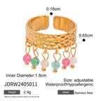 Anel Aberto Feminino de Aço Inoxidável com Pedra Natural Colorida, Padrão de Grão Martelado, Banhado a Ouro 18K Anti-alérgico, Charme para Uso Diário