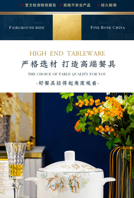 Jingdezhen Bone Porcelain Bowl and Dish Set, Light Luxury Ceramic Tableware Bowl and Chopstick Set