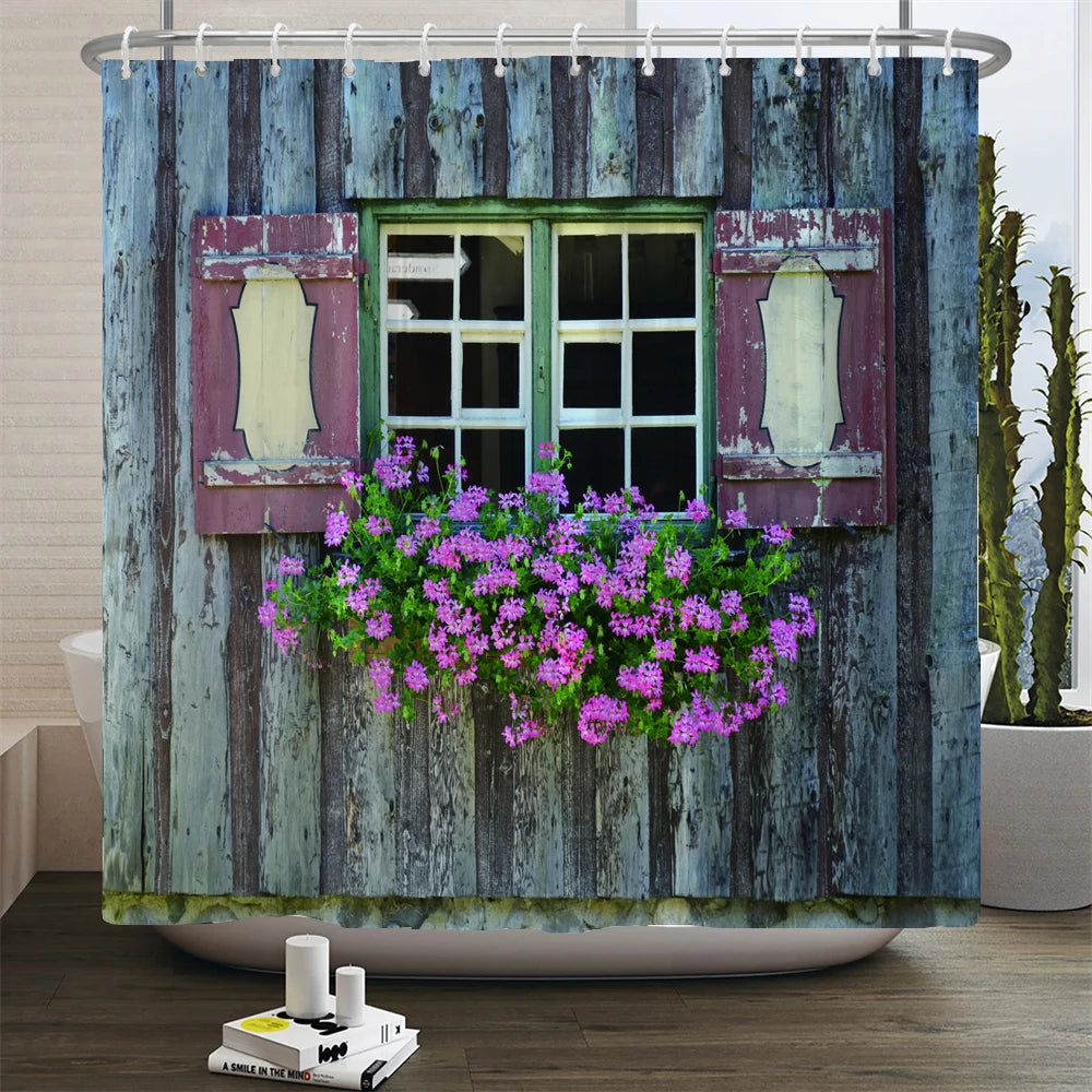 پرده دوش ضدآب حمام چاپ منظره گل فضای باز پلی‌استر 3D نمای خیابان باغ دکوراسیون منزل