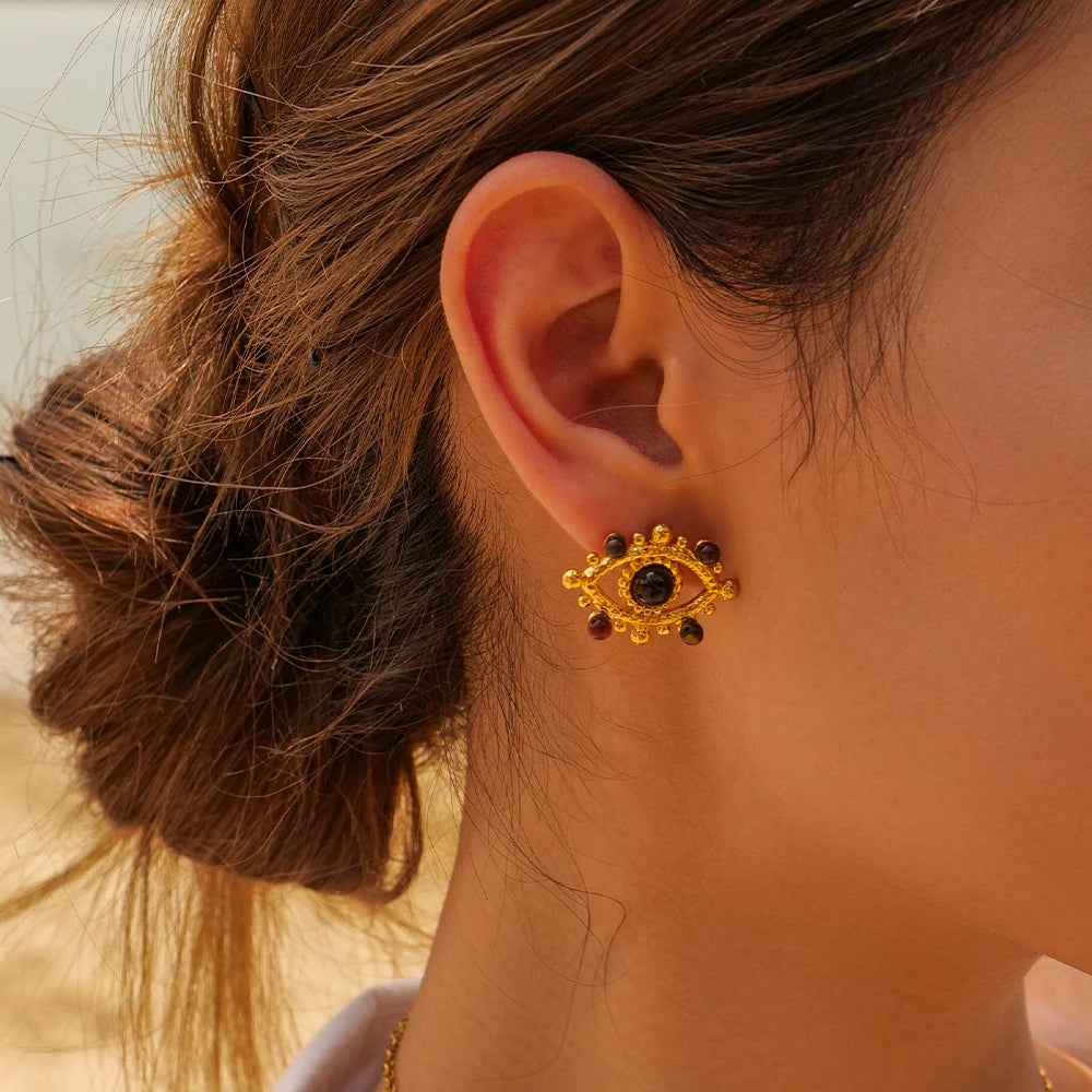 Roestvrij Staal Waterdicht Licht Luxe 18K Goud Vergulde Duivels Oog Oorknopjes Ingelegd Natuurlijke Steen Voor Dames Oor Sieraden