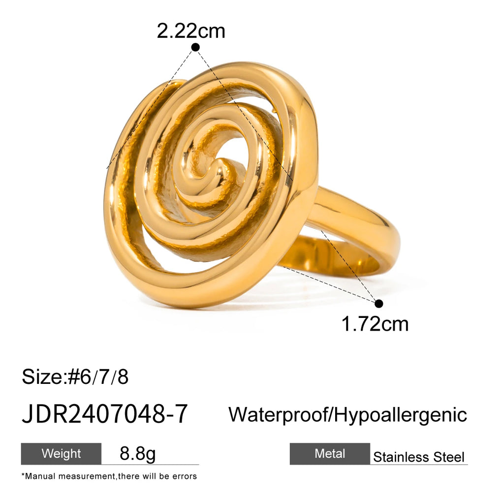 Geometric 18K Gold Plated Stainless Steel Spiral Design Closed Ring Women Metal Texture Waterproof Daily Simple Stylish Jewelry