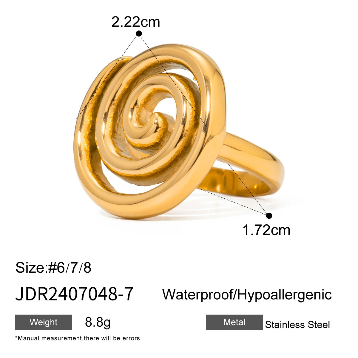 Bague fermée au design en spirale géométrique en acier inoxydable plaqué or 18 carats pour femmes, texture métallique, étanche, bijou simple et élégant pour un usage quotidien
