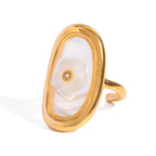 Kreativer 18K vergoldeter Edelstahl Oval Muschel Blumen Stahlperlen Offener Ring Damen Antiallergischer Charme Täglicher Schmuck