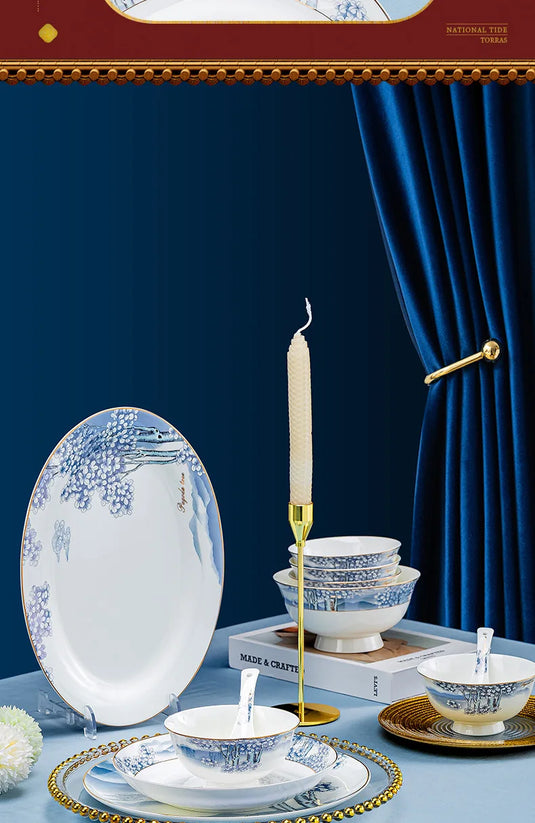 Ensemble complet de bols, plats et assiettes en céramique de Jingdezhen, ensemble de vaisselle en porcelaine bleue et blanche