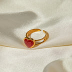 Waterproof 18k Gold Plated Stainless Steel Love Heart Opening Ring Inlay Red Agate Stylish Anti Allergic Distinctive Jewelry