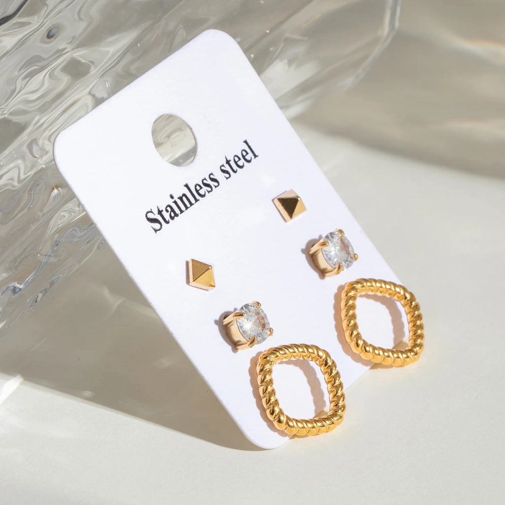 Trendy 18k Stainless Steel Vintage Square White Zircon Hollow Earrings Women Statement Charm Texture Rust Proof Trendy Jewelry
