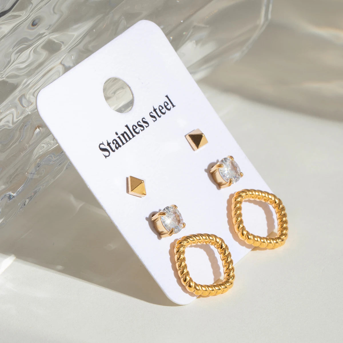 Trendy 18k Stainless Steel Vintage Square White Zircon Hollow Earrings Women Statement Charm Texture Rust Proof Trendy Jewelry