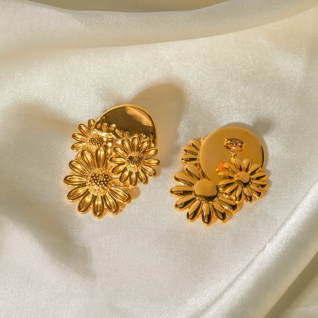 Stylish Unique Metal Textured Small Daisy Flower Design Earrings Stainless Steel 18k Gold Plated Women Holiday Jewelry - Grand Goldman