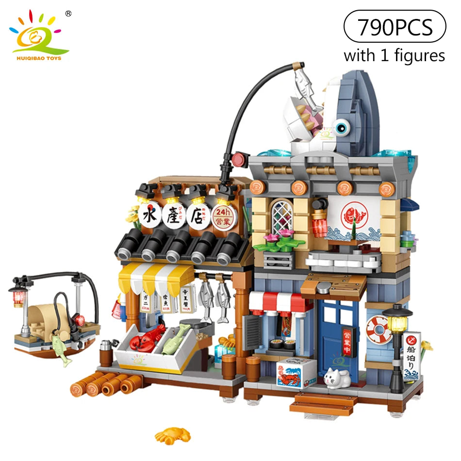 HUIQIBAO City Mini Chinese Street View Grocery Store Meat Shop Building Blocks Japanese Food  Ice Shop Figures Bricks Toys Child