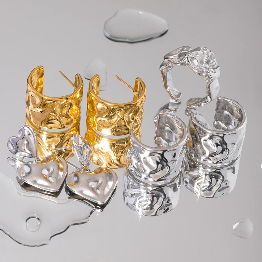 Trendy 18K Stainless Steel Gold Plated Wide Hammer Grain Hoop Earrings Tarnish Free Temperament Charm Jewelry aretes de mujer