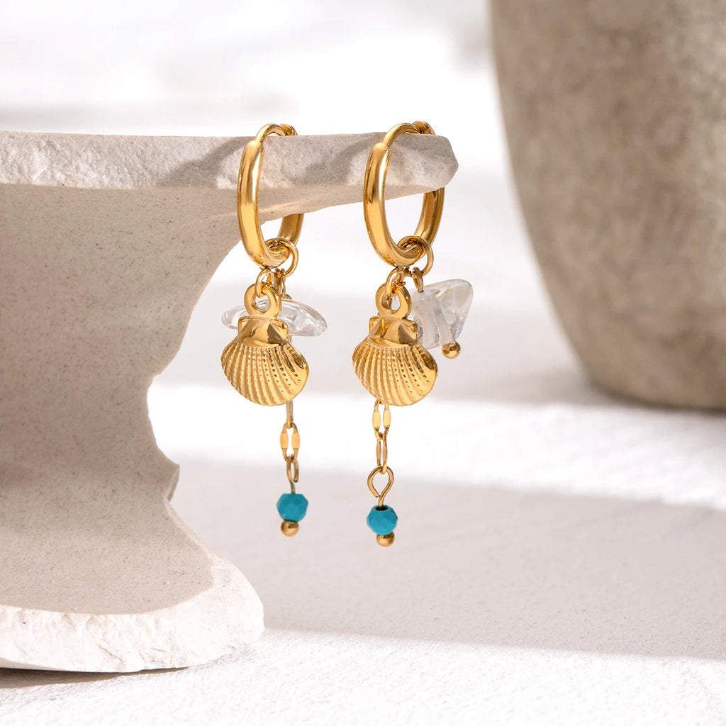 Brincos de Argola com Fivela de Concha de Pedra Natural Aço Inoxidável Metal Banhado a Ouro 18K PVD Feminino Prevenção de Alergia Joias Delicadas