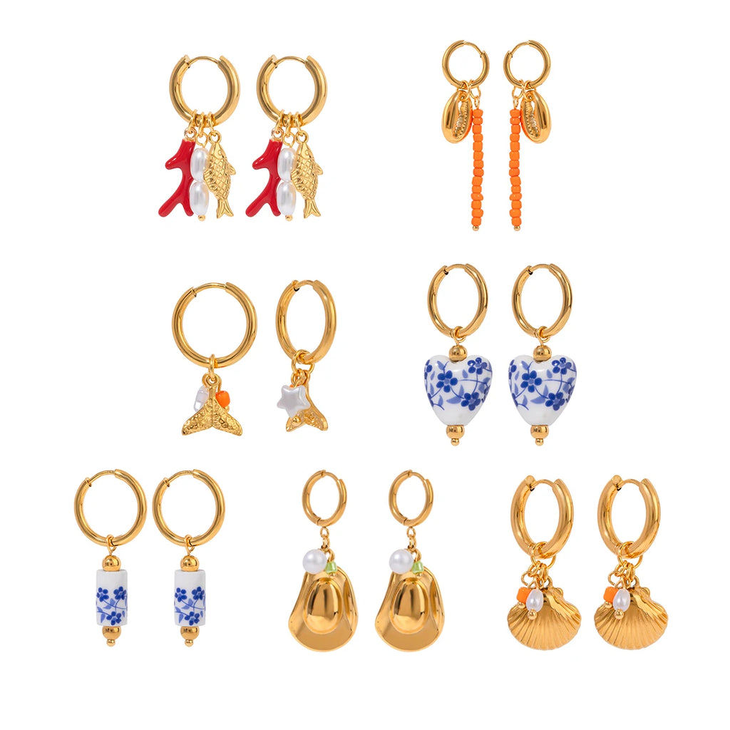 Stilfuld 18K forgyldt rustfrit stål Simple multi-formede vedhængsring øreringe Dame charms Vandtæt smarte smykker