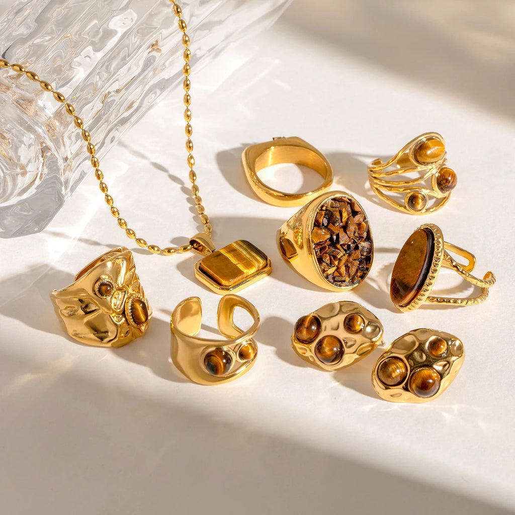 18k forgyldt rustfrit stål indlagt natursten Tigereye øreringe Halskæde serie Bijoux Femme vandtætte smykker