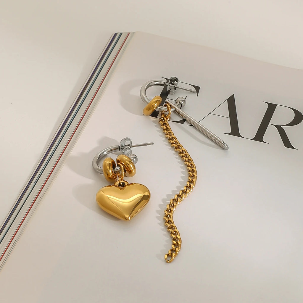 Brincos Femininos Minimalistas com Tassel, Corrente Lisa de Coração de Amor, Aço Inoxidável Banho de Ouro 18k, Joias Antialérgicas