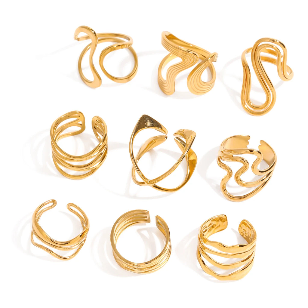 Statement 18K Gold Plated Stainless Steel Multilayer Geometric Irregular Ring Waterproof Fashion Unusual Textured Jewelry