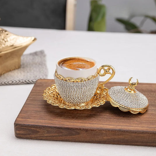 Exquisite 27-Pack Turkish Greek Arabic Tea Tools Set Crystal Espresso Cups and Saucers with Gold and Silver Coffeeware Luxurious Zamak Craftsmanship for Home Kitchen Dining and Bar