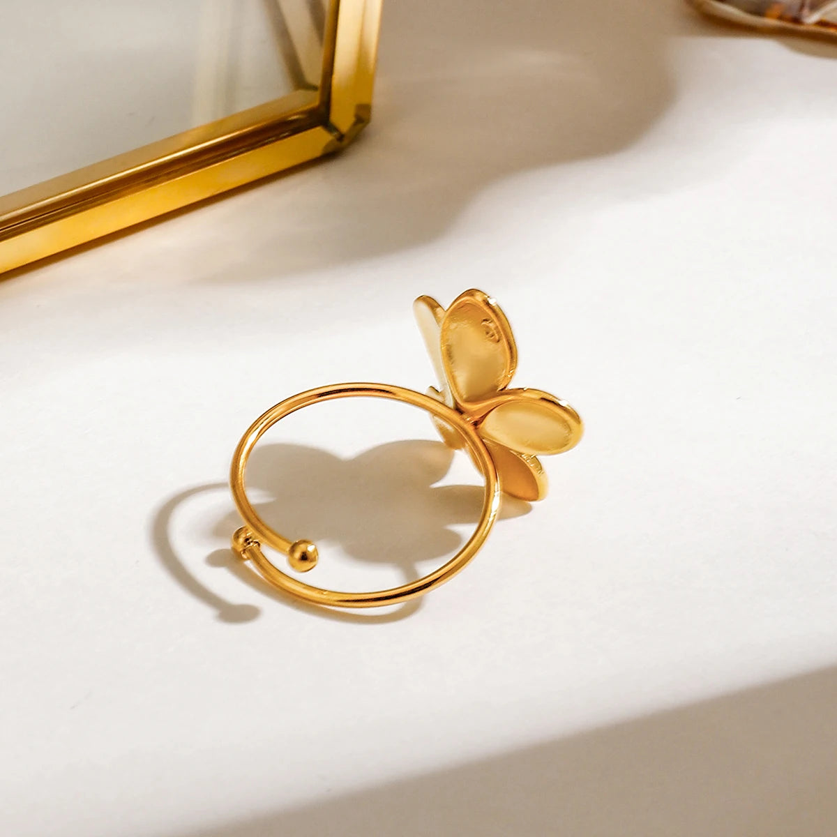 Zora 18K Gold Plated Stainless Steel Light Luxury High End Women's Style - Sweet and Romantic Flower Adjustable Open Ring