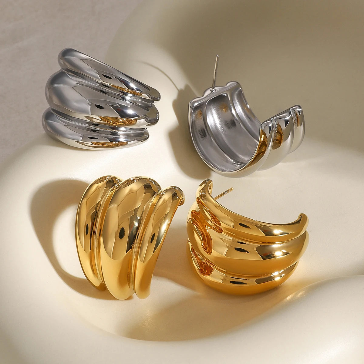 18K PVD Plated Fashion Geometric Three Layered Threaded Smooth Earrings Stainless Steel Women Prevent Allergy Stylish Jewelry