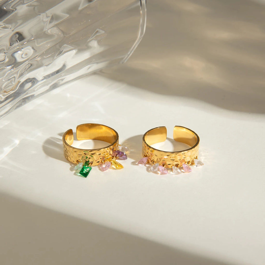 Anel Aberto Feminino de Aço Inoxidável com Pedra Natural Colorida, Padrão de Grão Martelado, Banhado a Ouro 18K Anti-alérgico, Charme para Uso Diário