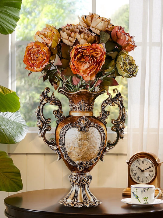Vase de luxe en résine européenne, arrangement de fleurs séchées, aspect victorien antique, aspect boisé orné, gravures détaillées, vase de table marron royal pour ornements d'entrée de salon, décorations de maison