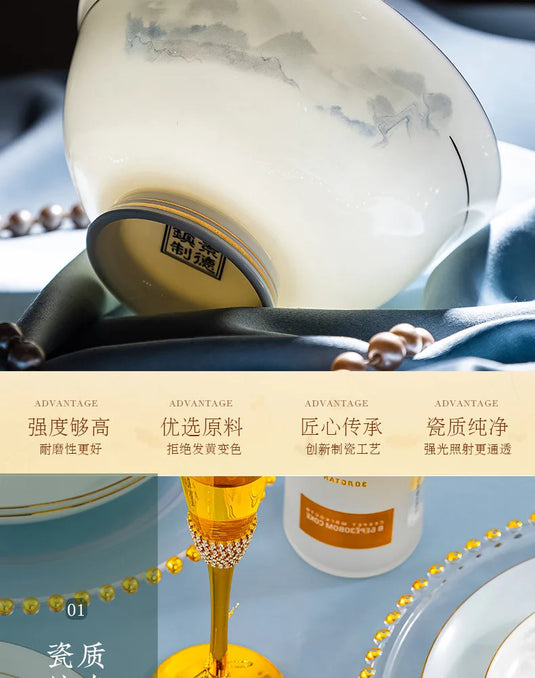 Jingdezhen Light Luxury Wind Bowl and Dish Set Household Bone Porcelain Tableware Bowls, Chopsticks, and Dishes Complete Set