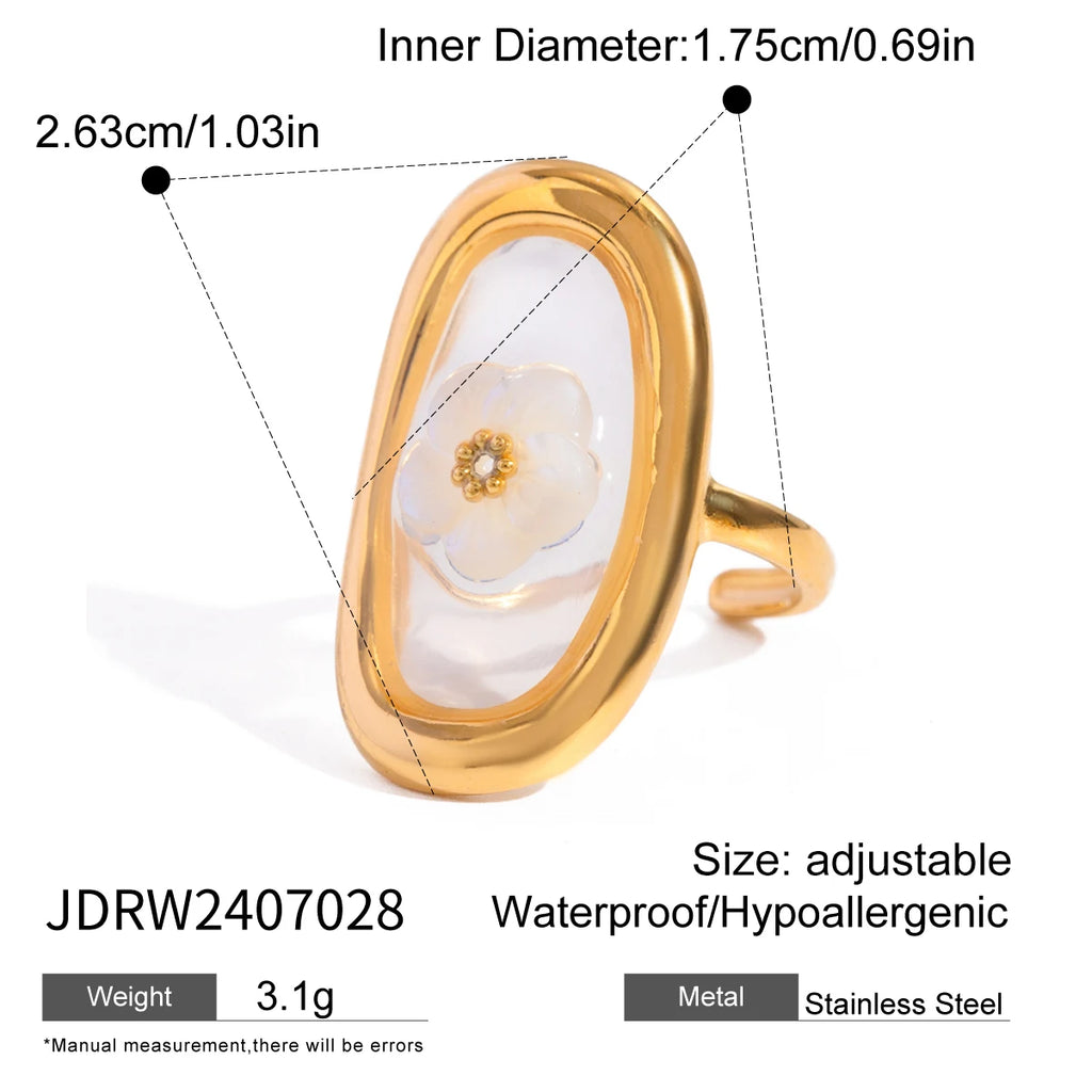 Kreativer 18K vergoldeter Edelstahl Oval Muschel Blumen Stahlperlen Offener Ring Damen Antiallergischer Charme Täglicher Schmuck