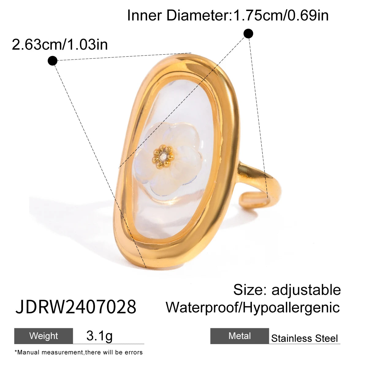 Kreativer 18K vergoldeter Edelstahl Oval Muschel Blumen Stahlperlen Offener Ring Damen Antiallergischer Charme Täglicher Schmuck