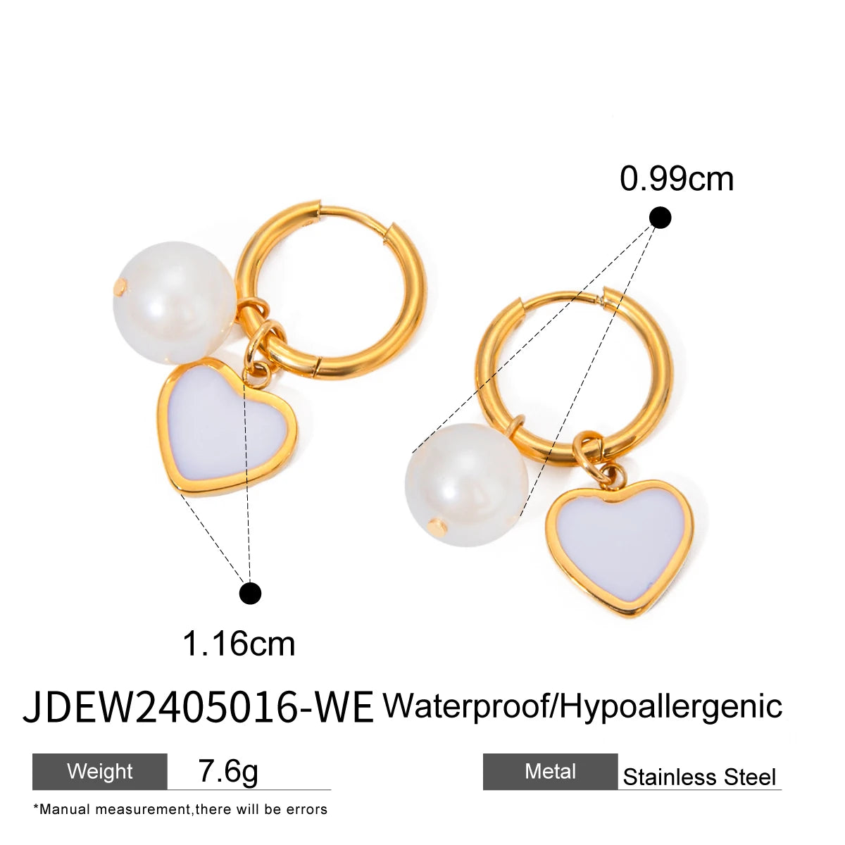 Anti Allergic 18K Gold Plated Pearl White Dripping Oil Love Heart Earrings Stainless Steel Delicate Free Temperament Jewelry