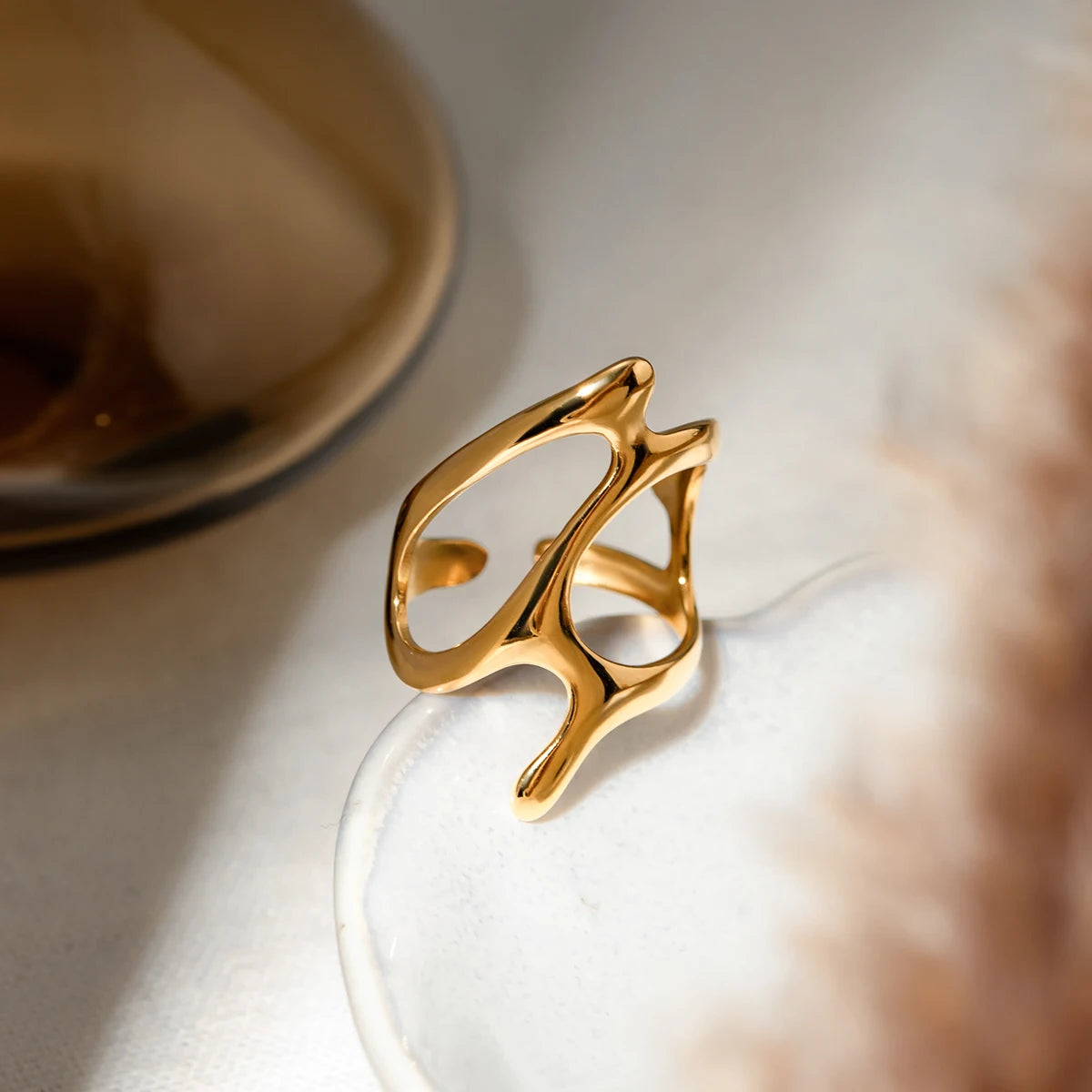 Anti-Allergische Edelstahl Unregelmäßiger Geometrie Öffnungsring Stilvoll PVD 18k Beschichtet Frei Temperament Charme Schmuck Damen