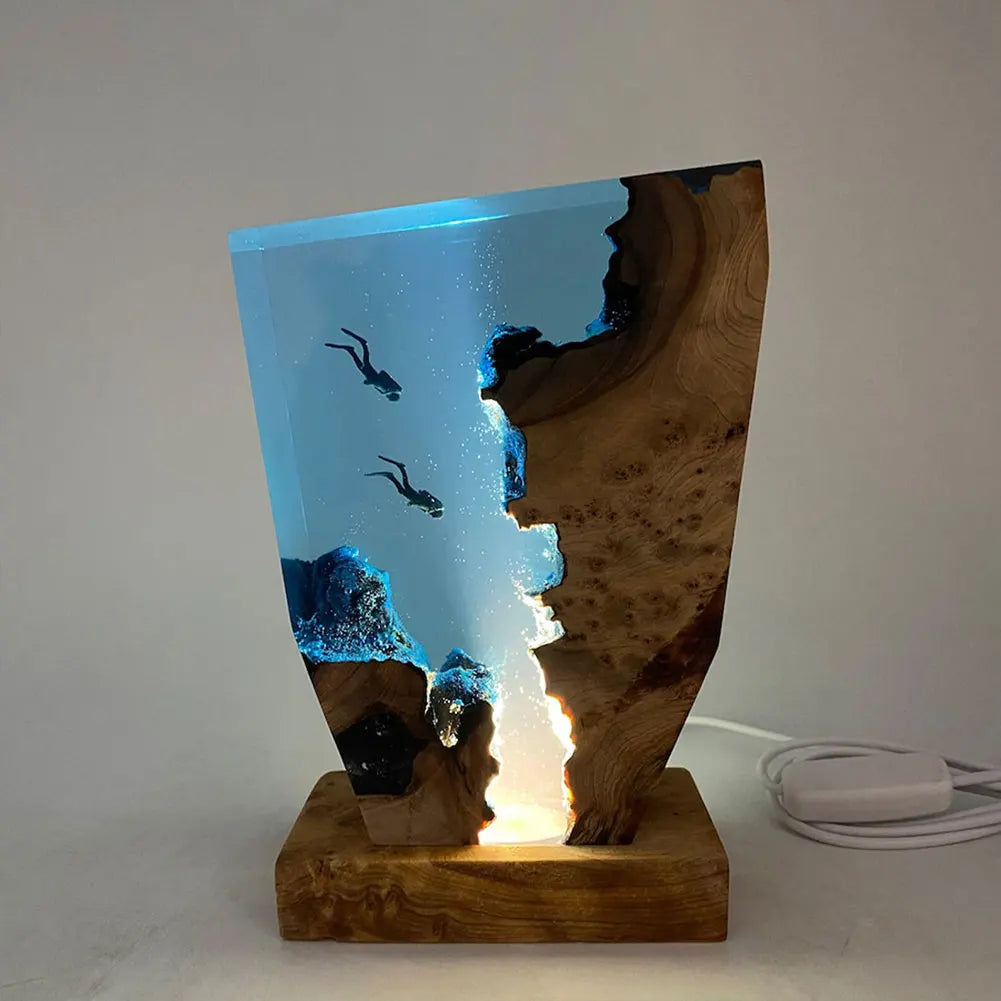 Seabed Exploration Organism Resin Table Light with 2 Divers – Deep Sea Cave Night Light for Bedroom, Office & Home Decor