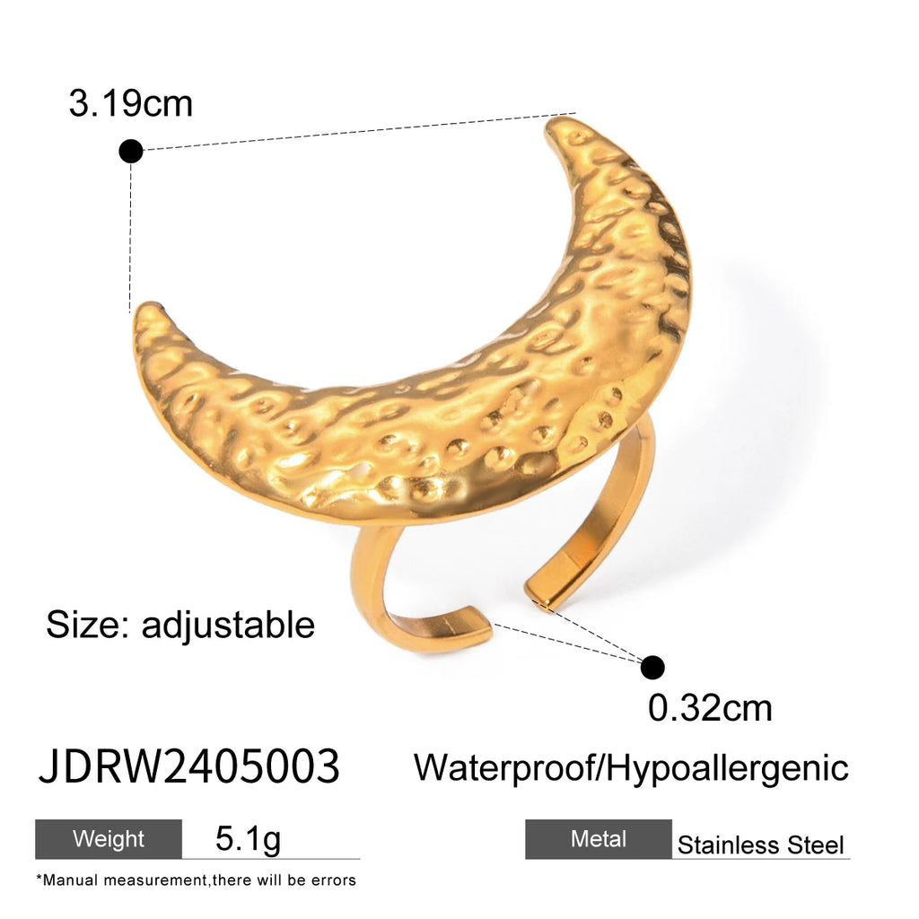 18K PVD Plated Trendy Stainless Steel Hammer Grain Half-Moon Earrings Opening Ring Set Waterproof for Women Gala Gift - Grand Goldman
