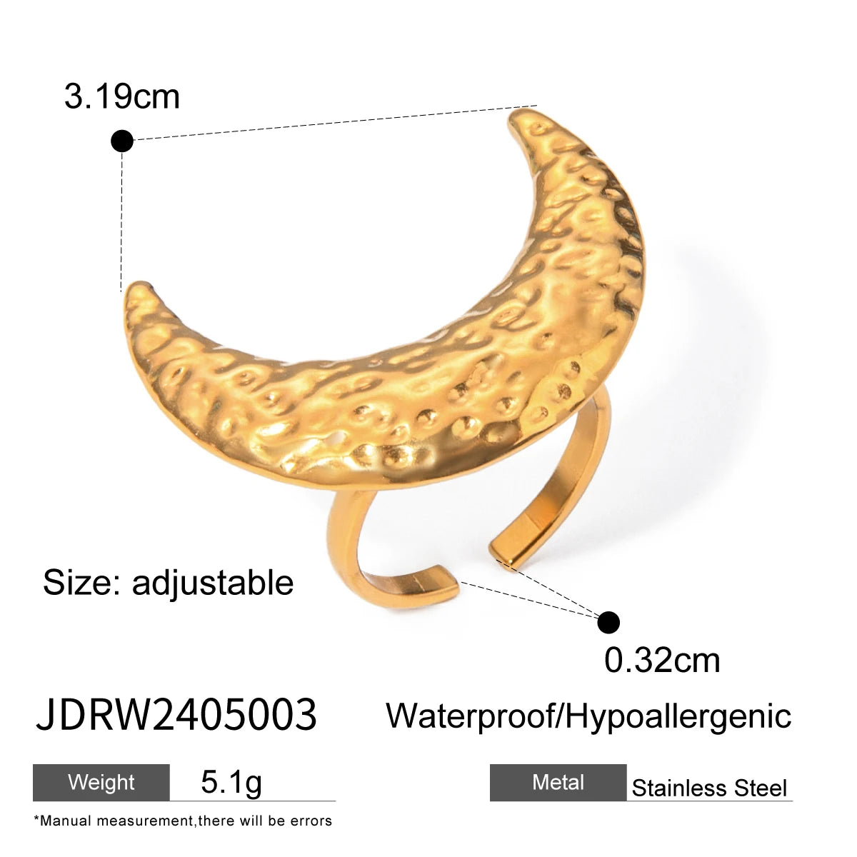 18K PVD Plated Trendy Stainless Steel Hammer Grain Half-Moon Earrings Opening Ring Set Waterproof for Women Gala Gift - Grand Goldman
