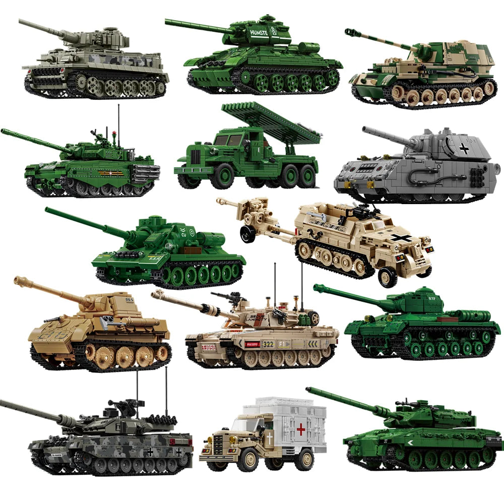 Military WW2 MOC Army Main Battle Tank Armored Vehicle Fighter Soldiers Figures Building Blocks Bricks Set For Children Toys