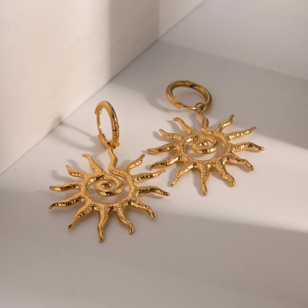 Stainless Steel Geometric Fashion Spiral Sunflower Pendant Necklace/Earrings 18K Gold Plated Prevent Allergy Statement Jewelry - Grand Goldman