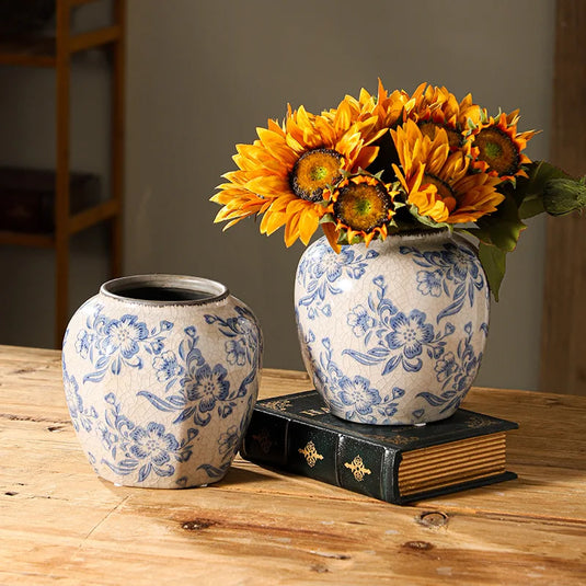 French Style Vintage Blue and White Porcelain Vases Flower Arrangements Living Room Decorations Chinese Style Ceramic Home Decoration Retro Porcelain