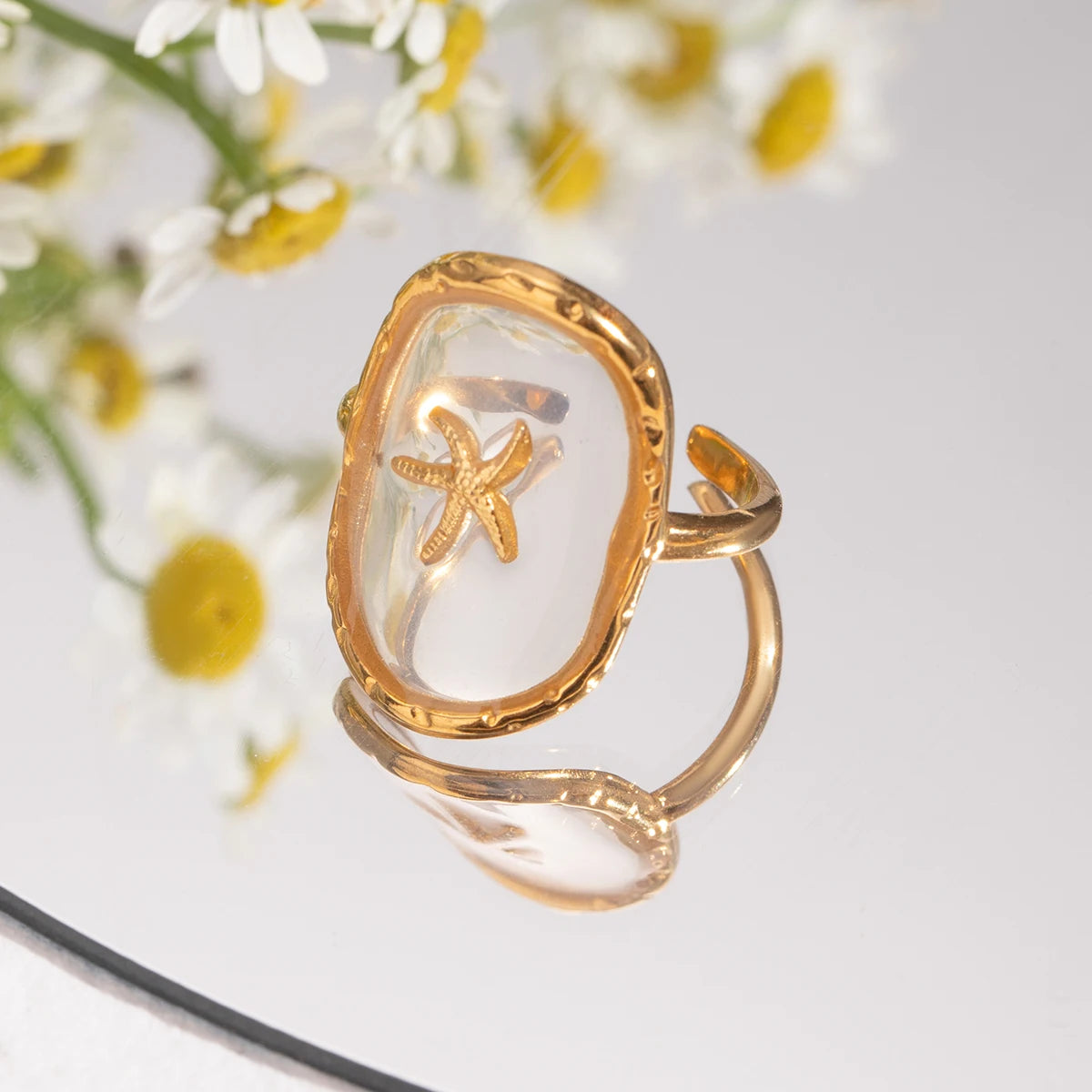 Oval Starfish 18K Gold Plated Stainless Steel Hammer Pattern Ocean Wind Open Ring Women Anti Allergic Charm Daily Jewelry