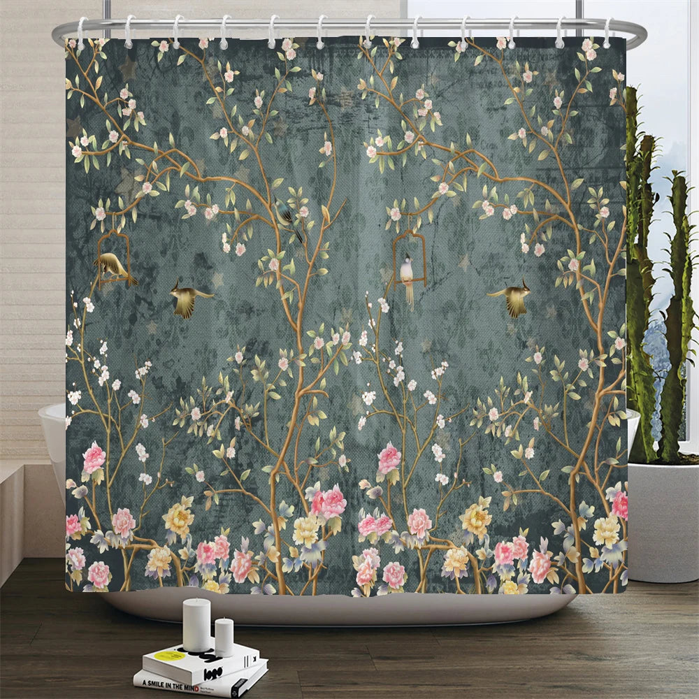 Chinese style Flowers and Birds Waterproof Shower Curtain Set Toilet Seat Cover Bath Non-Slip Mat Rug Carpet Bathroom Decor
