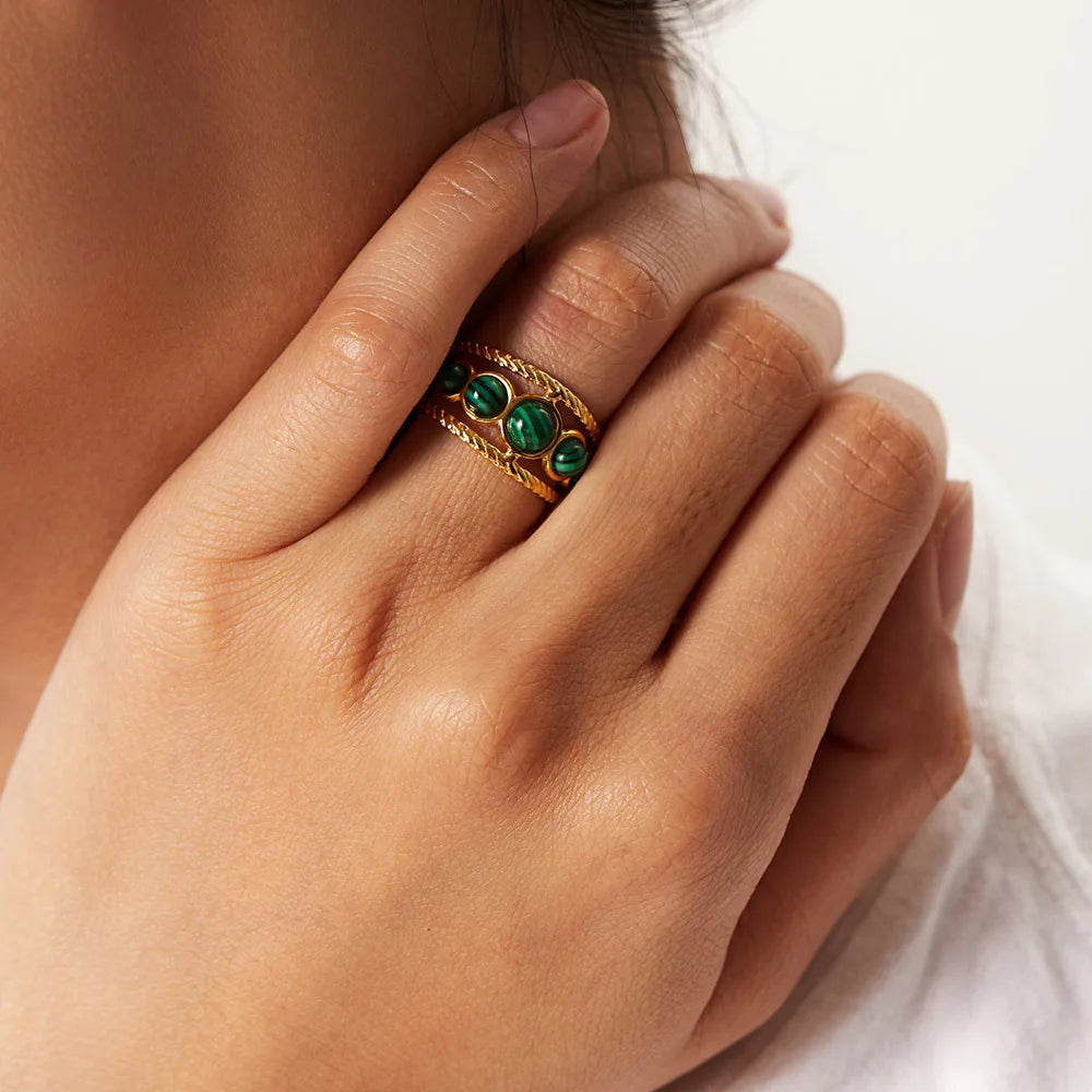 Water Proof PVD Gold Plated Stainless Steel Natural Malachite Stone Hollow Adjustable Rings Waterproof anillo acero inoxidable